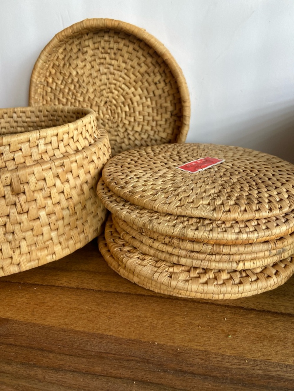 Vintage Wicker Basket Trivet Set Lidded Box Boho Decor - Picture 13 of 15